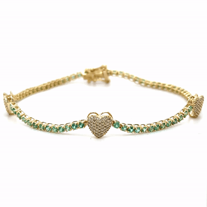 14K Yellow Gold Emerald & Diamonds Heart Tennis Bracelet  1.51 TCW