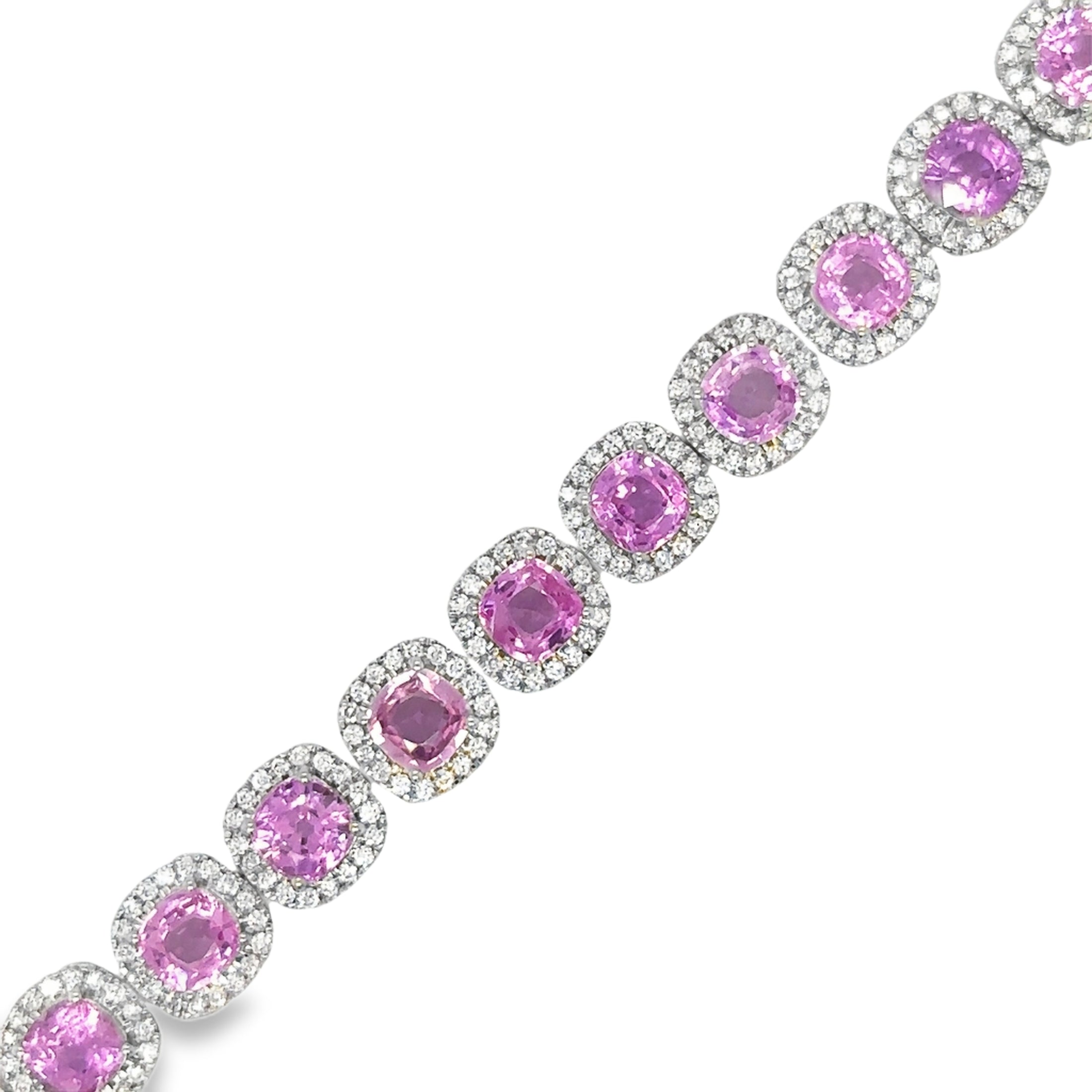 14K White Gold Diamond Pink Sapphire Cushion Shape Bracelet  15.14 TCW