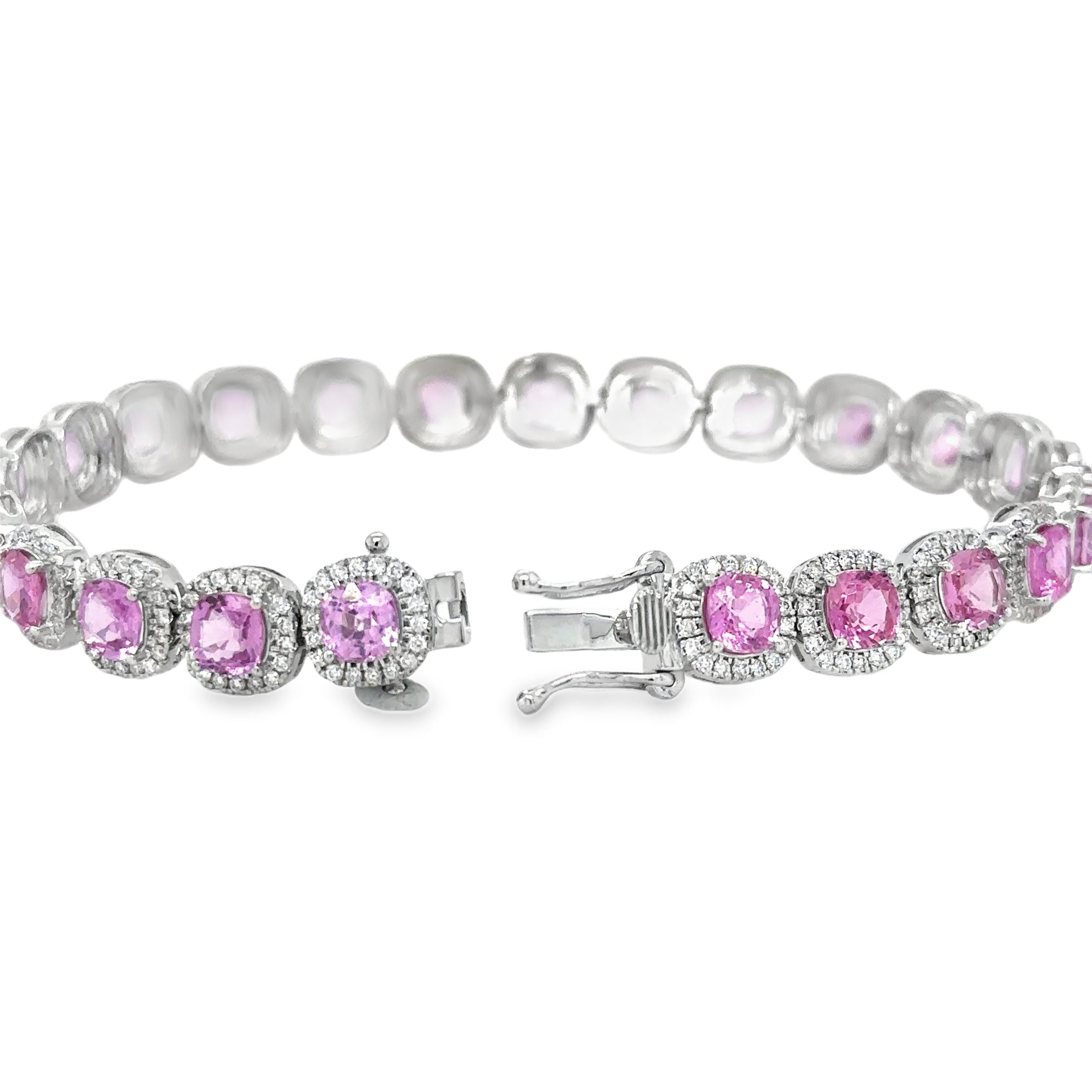 14K White Gold Diamond Pink Sapphire Cushion Shape Bracelet  15.14 TCW