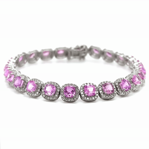14K White Gold Diamond Pink Sapphire Cushion Shape Bracelet  15.14 TCW