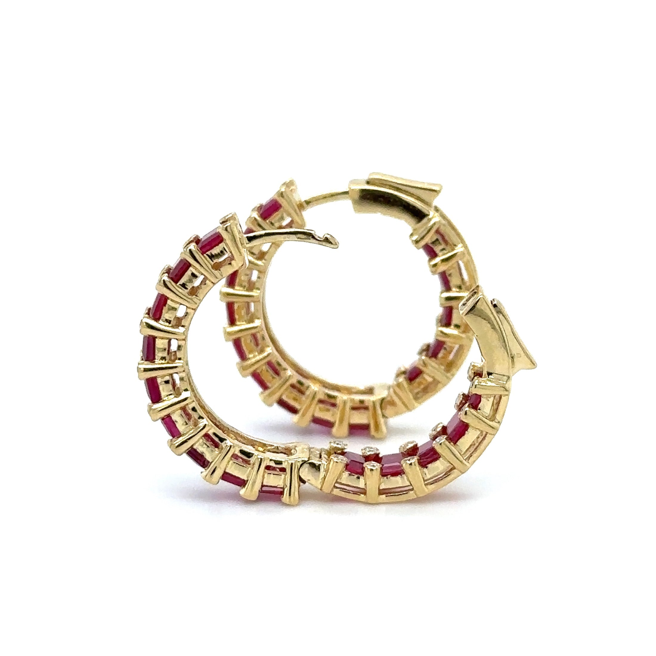 14K Yellow Gold Ruby & Diamond Hoop Earring 6.95 TCW